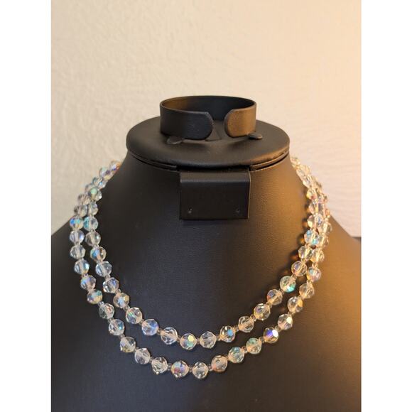 Vintage 1950s Double Strand Faceted Austrian AB Crystal Fancy Clasp Necklace - Picture 7 of 7